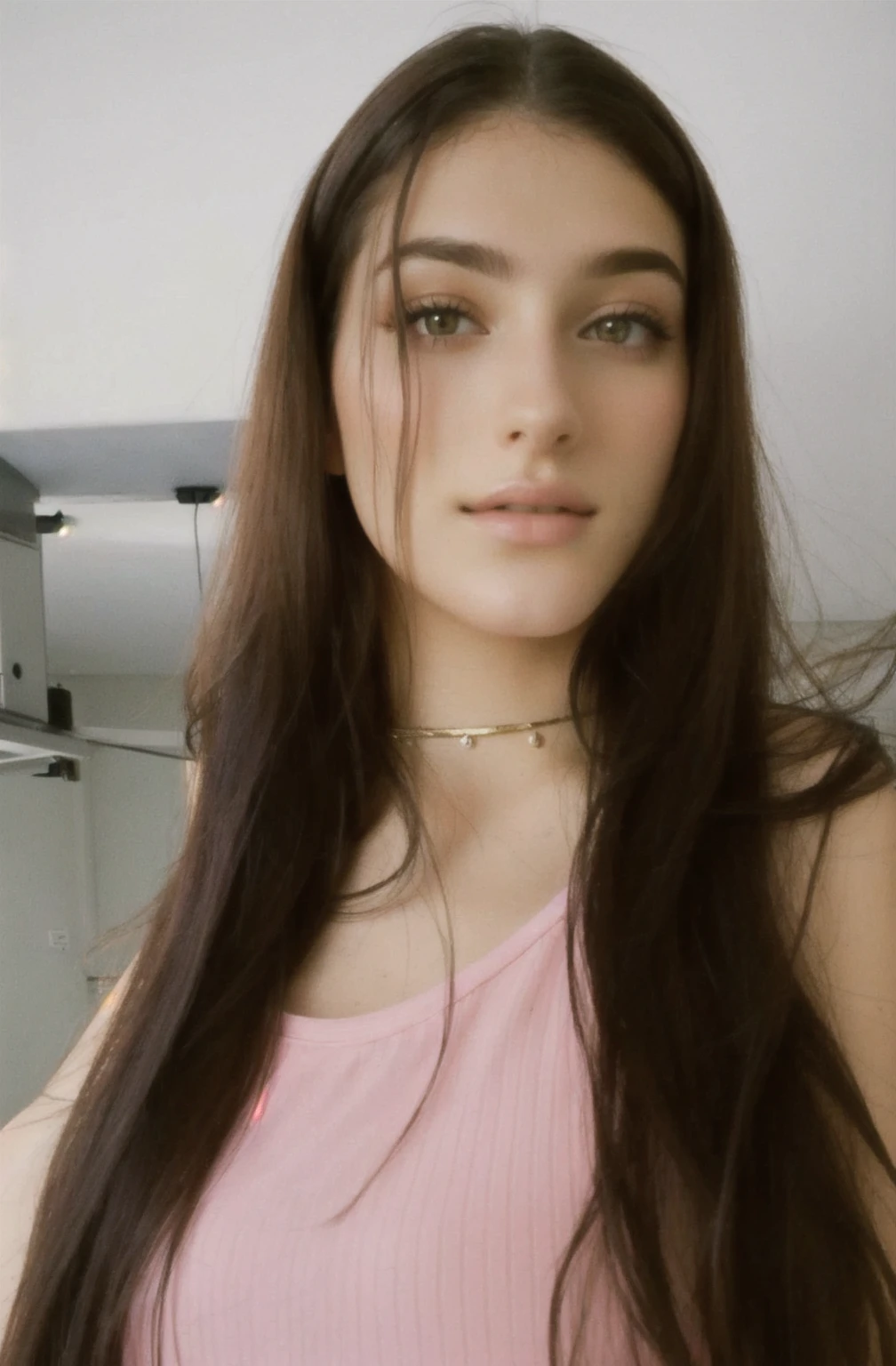 [work of art, best qualityer, 4K, PICTURE REALISTIC], Woman with long hair and a pink top posing for a photo, Kailee Mandel, in style of petra collins, 18 years old, Cristina Kritkou, 1 6 years old, 2 4 year old female model, very low quality image, Bella Poarca, low quality photograph, charli bowater, with long dark hair, violet myers
