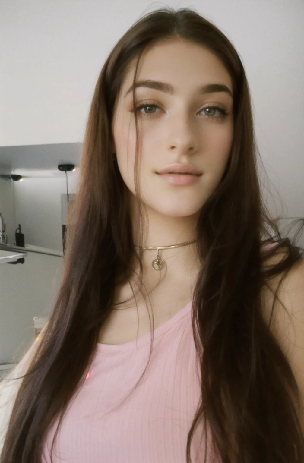 [work of art, best qualityer, 4K, PICTURE REALISTIC], Woman with long hair and a pink top posing for a photo, Kailee Mandel, in style of petra collins, 18 years old, Cristina Kritkou, 1 6 years old, 2 4 year old female model, very low quality image, Bella Poarca, low quality photograph, charli bowater, with long dark hair, violet myers