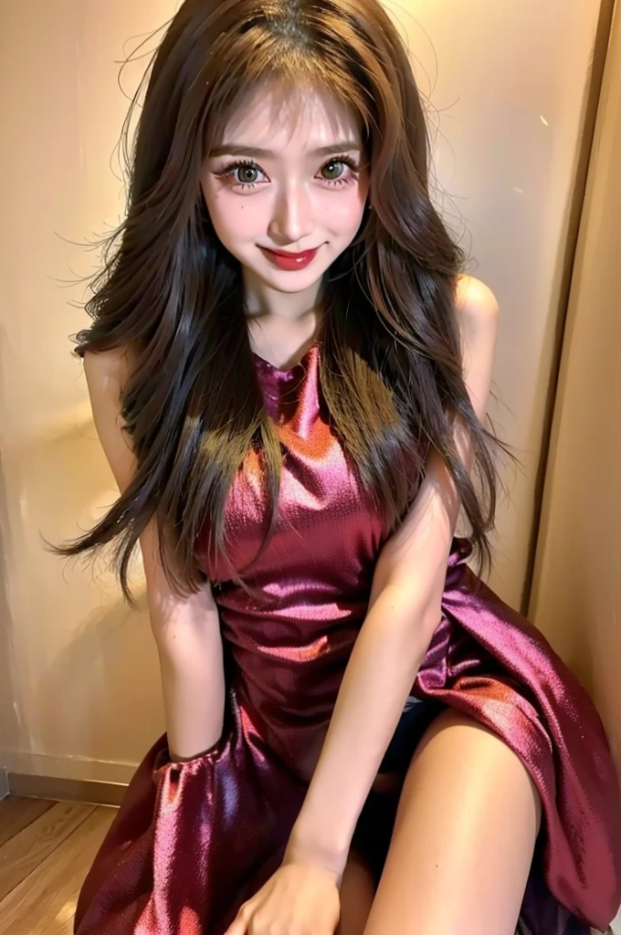 ((Sana)), (8K, best quality, masterpiece:1.2), (realistic, photo-realistic:1.4), ultra-detailed, ultra high res,(wearing dress:1.4), (smile:1.2), (small breasts1.8),detailed face,looking at viewer, shiny eyes, floating hair