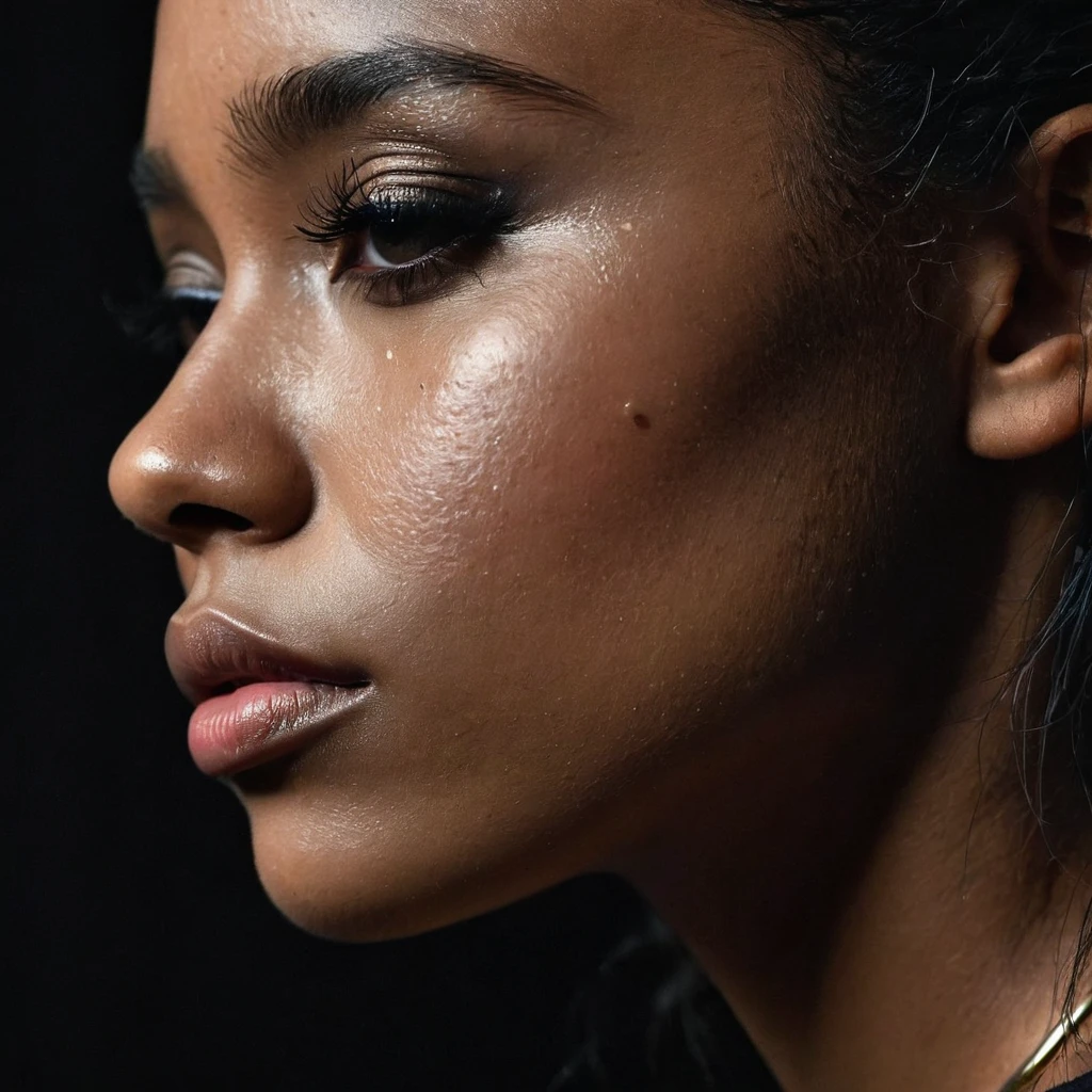 close up and zoomed in on a beautiful depressed very sad emotional sad crying black girl and a black background, sad, depressed, emotional, close up on side profile only showing cheek and eyelight falling on face, noir photorealism, mysterious portrait of a woman, chiaroscuro portrait, close up on side profile, tinashe, zoe kravitz, zoomed in on tear drop, euphoria vibes, black and white, dark