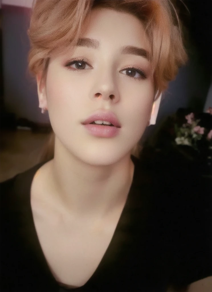 [work of art, best qualityer, 4K, PICTURE REALISTIC], Woman with long hair and a pink top posing for a photo, Kailee Mandel, in style of petra collins, 18 years old, Cristina Kritkou, 1 , 2 4 year old female model, very low quality image, Bella Poarca, low quality photograph, charli bowater, with long dark hair, violet myers