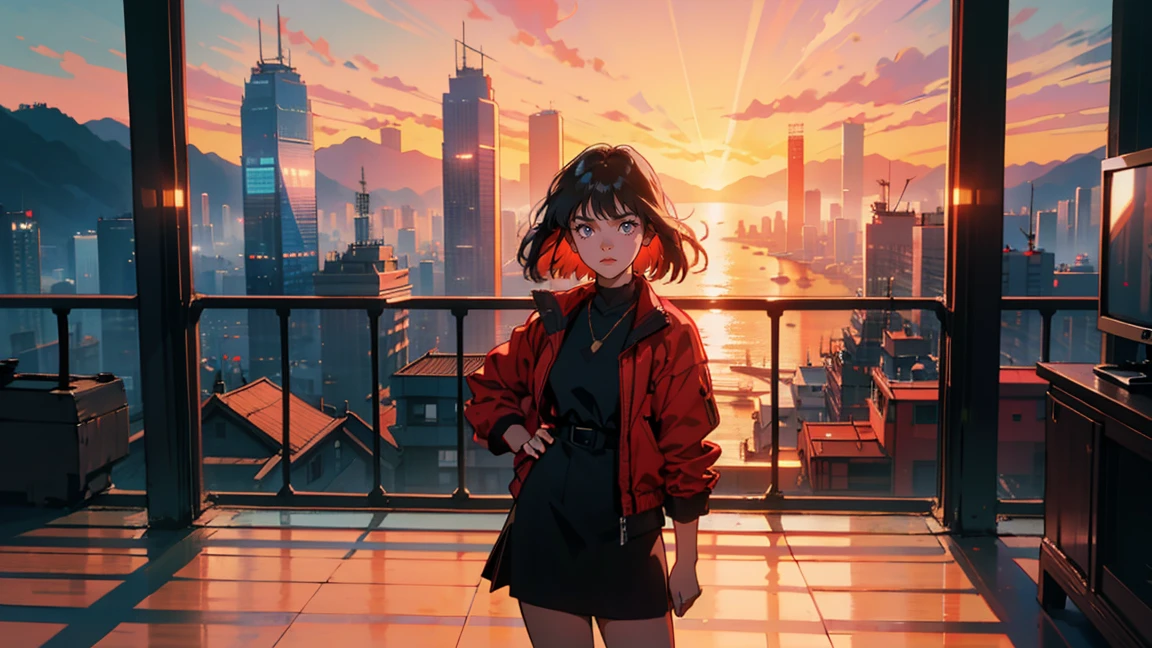 Hongkong, The view from Victoria Peak, skyscraper, Traveler, It has a nice atmosphere, Adult women ,Perfect Face, smile, (Backlight: 1.1), A scene from a movie, Soft Shadows, masterpiece, Highest quality, Complex, Model shooting style, Film Grain, Wide Shot、Red lipstick、Blue tones