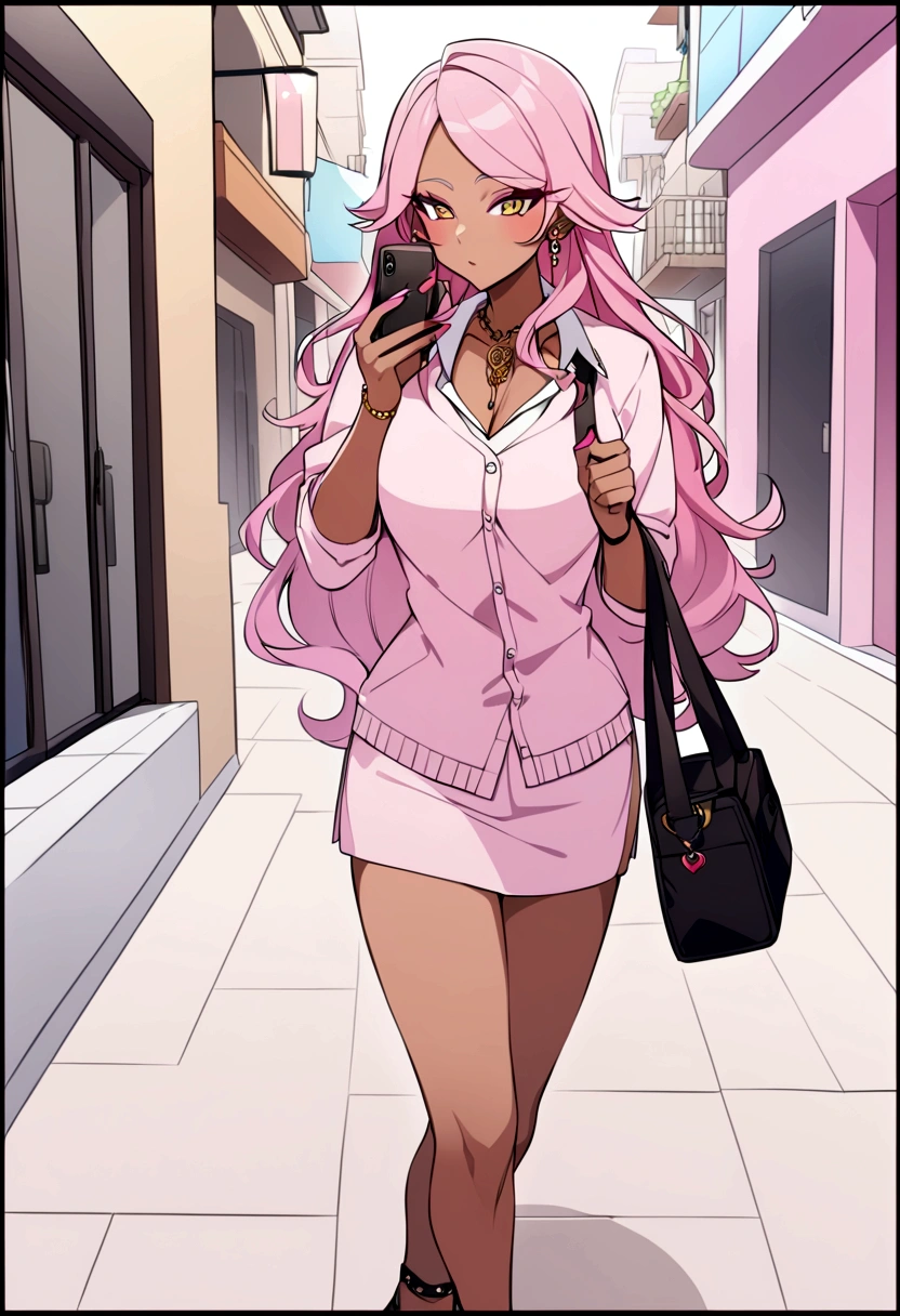 A femboy wearing a chastity cage in public while cumming and squirting a lot of semen with pink hair and brown skin color dressed in a miniskirt, tight shirt and glasses