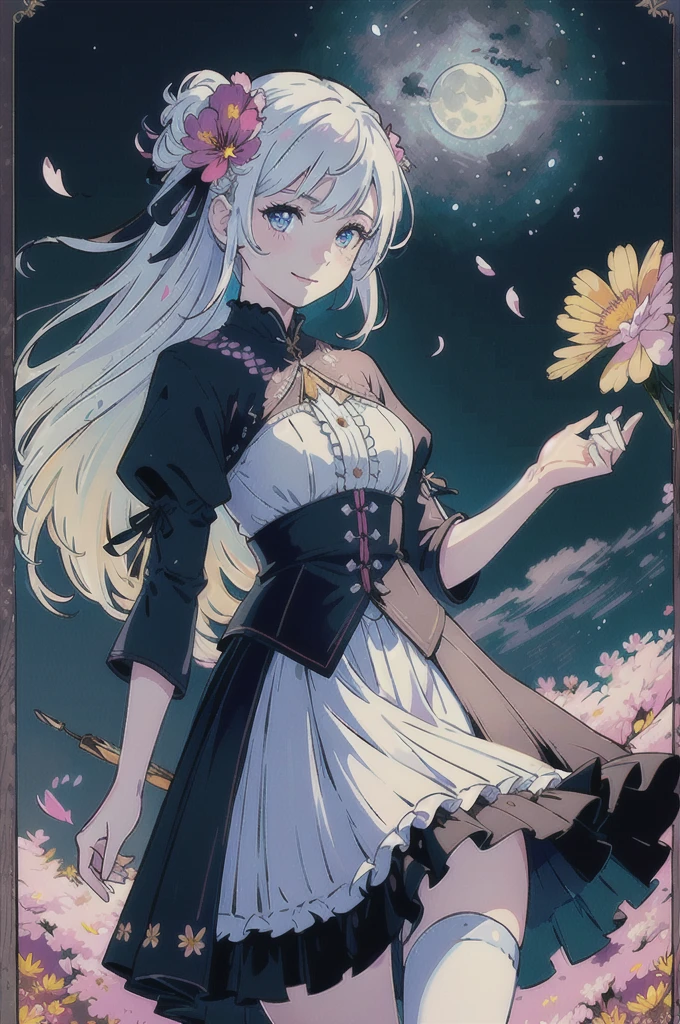 masterpiece, best quality,
1girl, (colorful),(finely detailed beautiful eyes and detailed face),cinematic lighting,bust shot,extremely detailed CG unity 8k wallpaper,white hair,solo,smile,intricate skirt,((flying petal)),(Flowery meadow)
sky, cloudy_sky, building, moonlight, moon, night, (dark theme:1.3), light, fantasy,