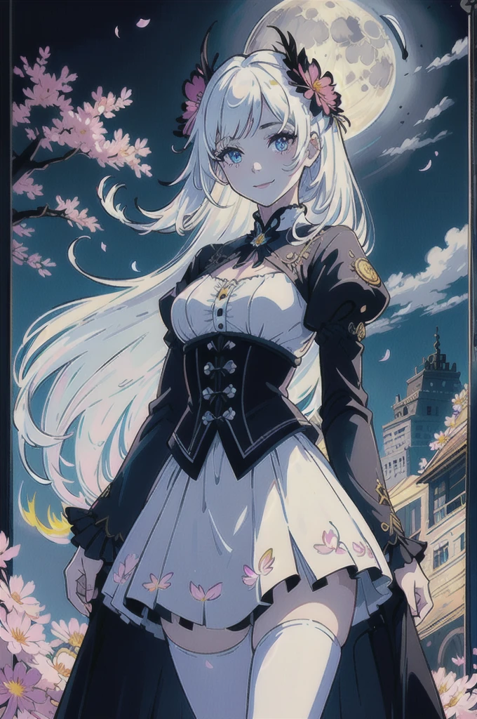 masterpiece, best quality,
1girl, (colorful),(finely detailed beautiful eyes and detailed face),cinematic lighting,bust shot,extremely detailed CG unity 8k wallpaper,white hair,solo,smile,intricate skirt,((flying petal)),(Flowery meadow)
sky, cloudy_sky, building, moonlight, moon, night, (dark theme:1.3), light, fantasy,