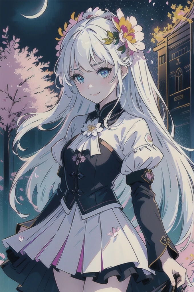masterpiece, best quality,
1girl, (colorful),(finely detailed beautiful eyes and detailed face),cinematic lighting,bust shot,extremely detailed CG unity 8k wallpaper,white hair,solo,smile,intricate skirt,((flying petal)),(Flowery meadow)
sky, cloudy_sky, building, moonlight, moon, night, (dark theme:1.3), light, fantasy,