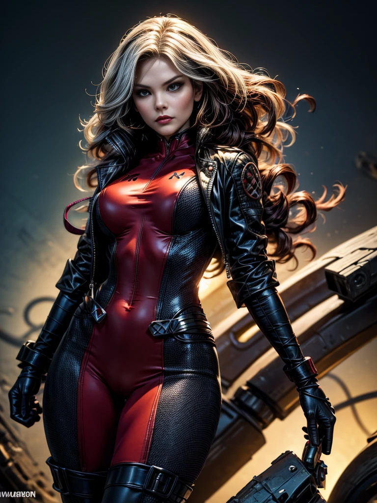 Jennifer Morrison、masterpiece、High quality 4K、villain (X-Men)、Gothic Girl、Sculpted Body Gothic Makeup、Black jacket、Red and blue bodysuit、masterpiece、Highest quality、Cowboy Shots、One personの女の子、One person、Technology Military Bodysuit、fringe