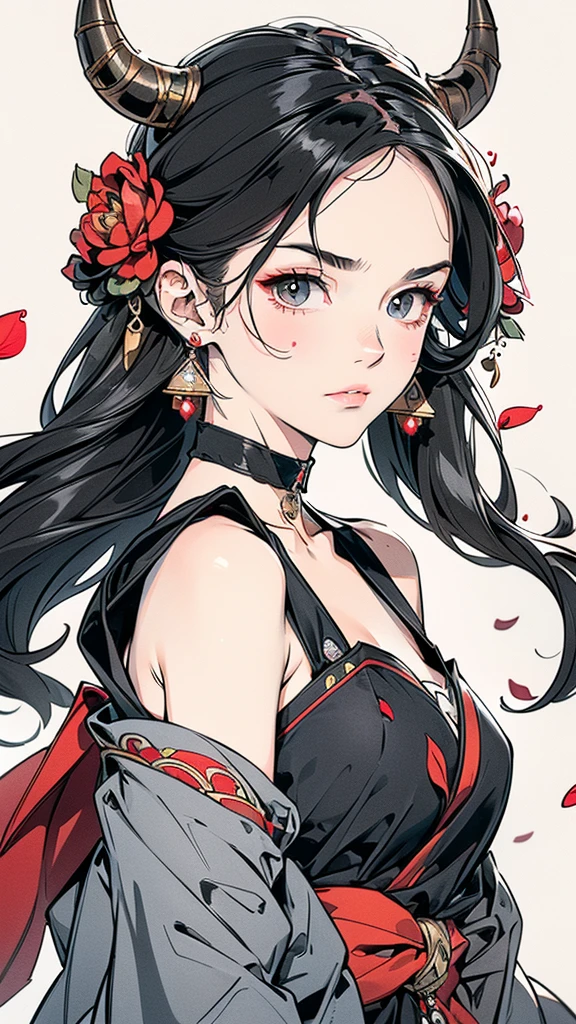 Seven Rhaeyar (Deylta), Ancient Star goddess, Perfect female anatomy (Royalty, Adult Female, 166cm in height, Cool pale skin, slim, slender, 34D breast size, Long Jet Black Hair, Gray Colored Iris , a set of Jet black colored horns on her head), Neutral facial expression, Elegant black uniform dress, female choker accessory with silver complimentary jewelry, dragon motifs, Black rope accessories, Simple Black Background, receiving light from the front, the focal point is her face, Ethereal glow, Red Rose petals falling, Japanese inspired, bring her very close up, face image, detailed features, high quality resolution, shoulder up portrait
