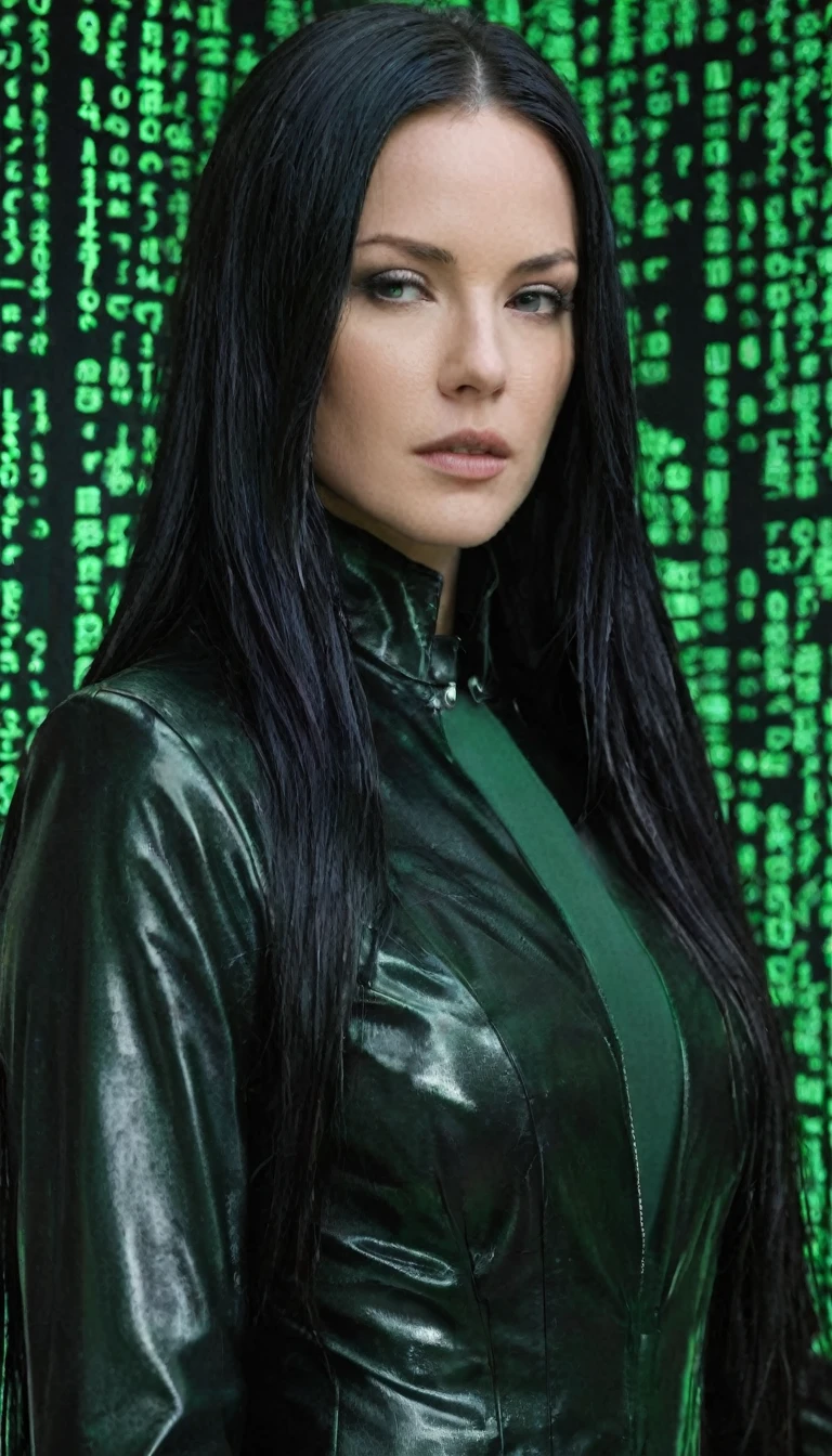 face portrait of "Trinity's quest: Green matrix code flowing in the middle and background.", tritnity is white woman with long black hair, jogado para o lado, wearing a black latex coat, that works secretly with Morpheus and neo. focusing on the face, magical and mysterious theme