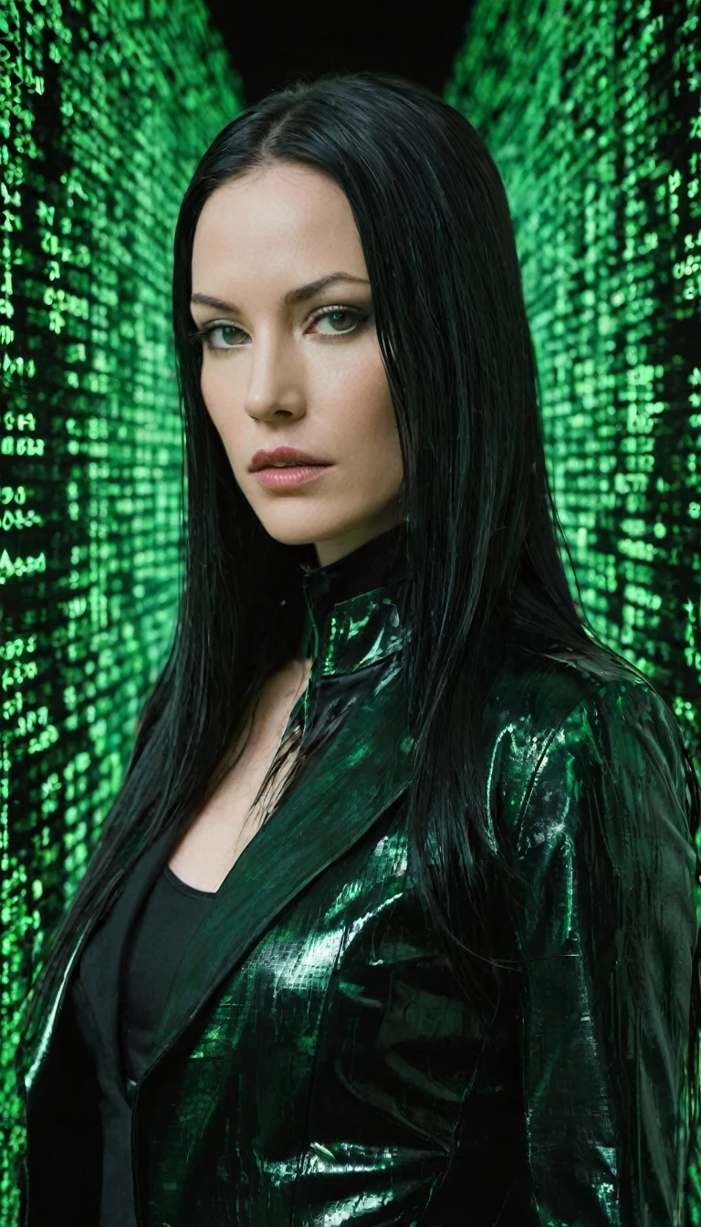 face portrait of "Trinity's quest: Green matrix code flowing in the middle and background.", tritnity is white woman with long black hair, jogado para o lado, wearing a black latex coat, that works secretly with Morpheus and neo. focusing on the face, magical and mysterious theme