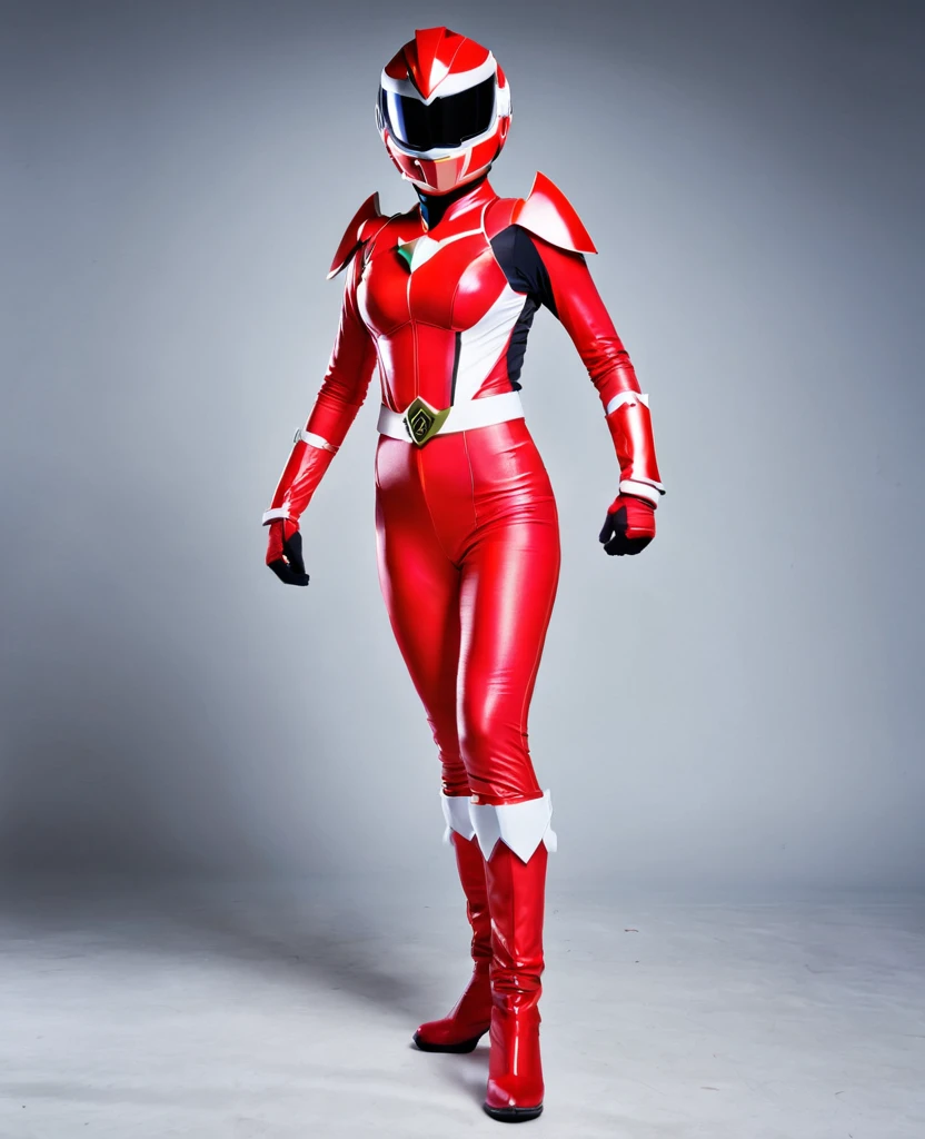 Woman red super Sentai suit, full body, full helmet on head, 