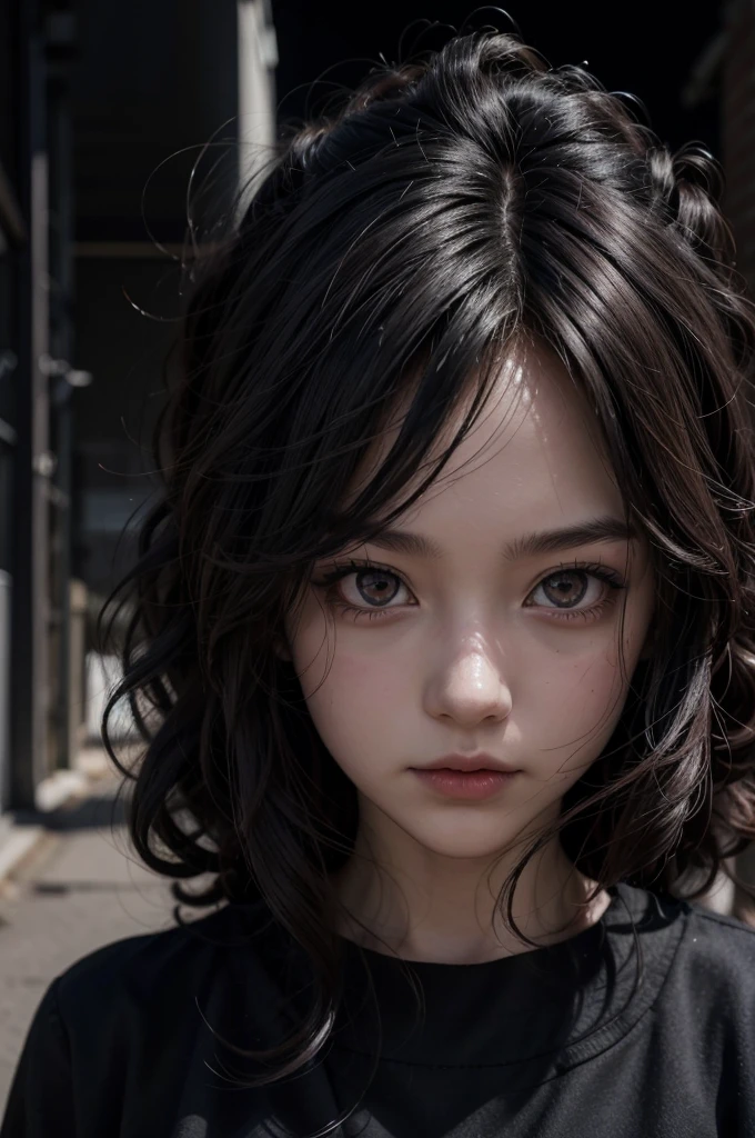 anime sarada curly hair dress V cuts walking in.ima dark street gloomy scared style photo realism, Fully detailed drawing in black and black and only the red eyes