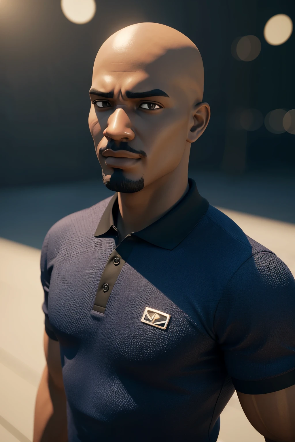 Cartoon character of a bald black man and a blue polo shirt, animation character, stylized character, animation style rendering, 3d stylized, Arnold Maya rendering, Stylized 3D rendering, toon render screenshot, 3d character, 3d character, Stylized 3D rendering, 3D character rendering, cartoon character, Personagem de close up, character posing, (Pixar-style) (master part:1.2) (bokeh) (best qualityer) (skin detailed) (detailed texture) (8K) (Argilla) (cinematic lighting) (sharp focus

