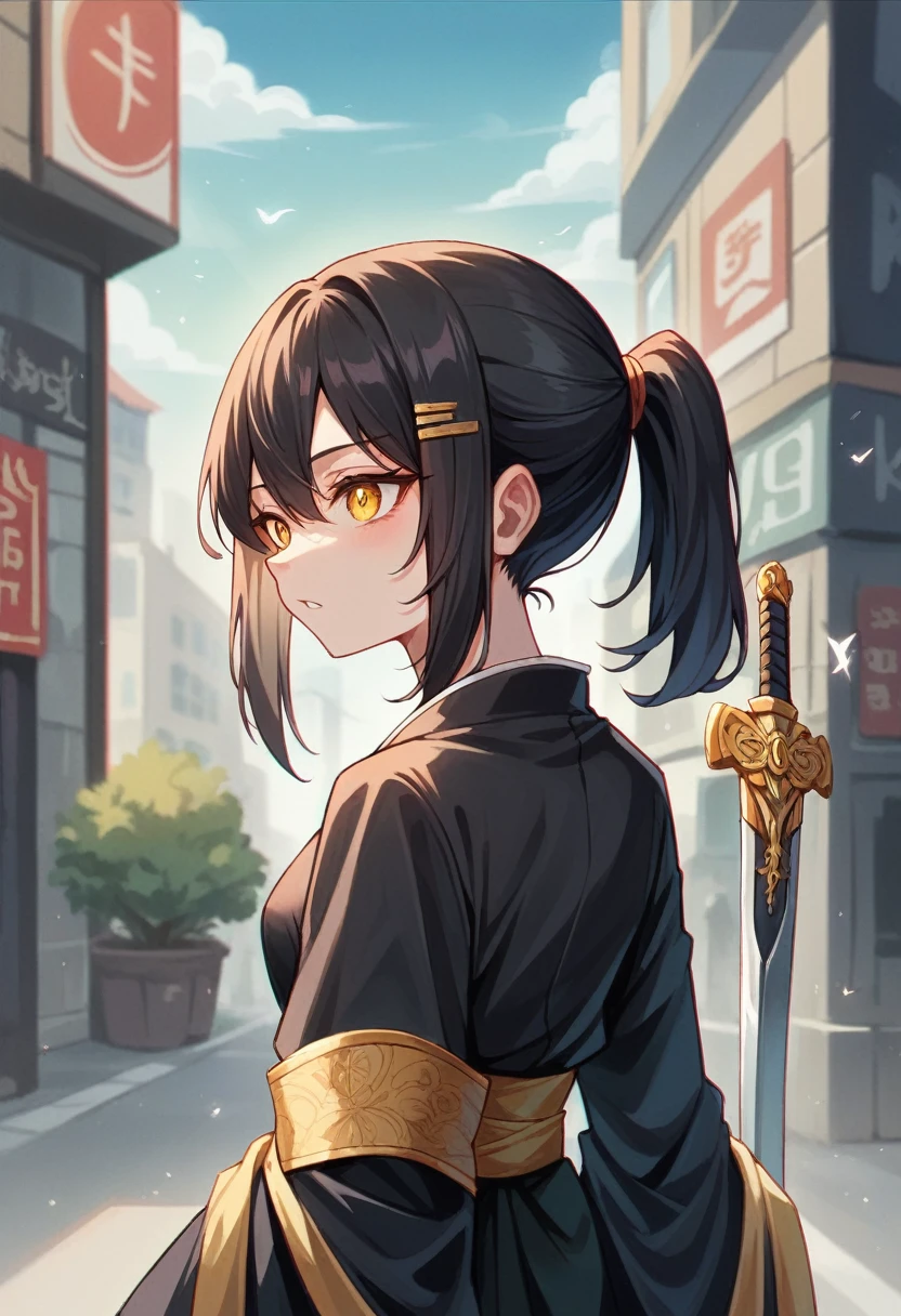 NSFW,Highest quality, Intricate details, chromatic aberration,One Girl, Black kimono with gold rimming, Hair tied in a ponytail,Black Hair,Yellow Eyes,Sword on waist,god々Shining Eyes, The light hits her face,Full Art,Facing forward,Have a conversation,whole body,Urban area,Character portrait,battle,Possession of a sword,Slashing Effects