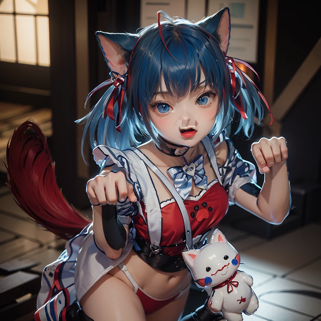 最high quality, (masterpiece:1.2), Very detailed, Are standing, Cat ear, One girl, alone, Looking at the audience, Mouth closed, smile, From above, Red hair, Twin tails , Blue ribbon hair ornament, Tie your hair up, beautiful, beautiful woman, Perfect body, Perfect breasts, Wear earrings, wear the watch, Looking at the audience, a smile, realism, masterpiece, Skin Texture, Very detailed, High detail, high quality, 最high quality, 1080P, 16K