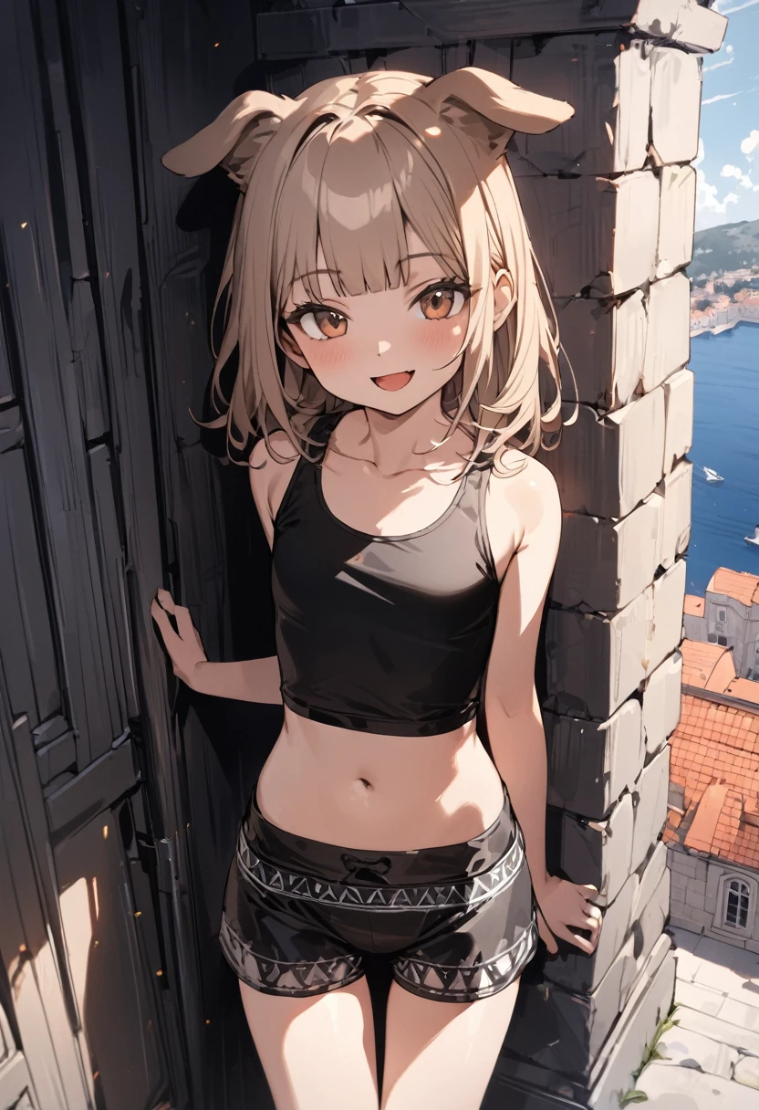 ((Masterpiece)), ((best quality)), (Anime:1.3), (super detail:1.2), (High Definition:1.3), (Professional Photography:1.3), (wide shot), (very aesthetic:1.2), (absurdres:1.2), (sharp focus), (perfect light), ((12 years old)), 8K, Glossy skin, cinematic lighting, 1girl, (Gothic punk tanktop), (Tribal boxer shorts), (Cute innocent teenage girl), slendar body, (Healthy body), small breast, glossy medium hair, (loose blunt bangs), ((:d)), open mouth, (naughty smile), beautiful collarbones, (slightly exposed shoulders), (dog ears), pale brown hair, Hair that flutters in the wind, BREAK, ((best quality)), (very aesthetic:1.2), (absurdres:1.2), (Leaning against the decorated low Parapet), (Dubrovnik townscape), summerday, Beautiful Adriatic Sea,