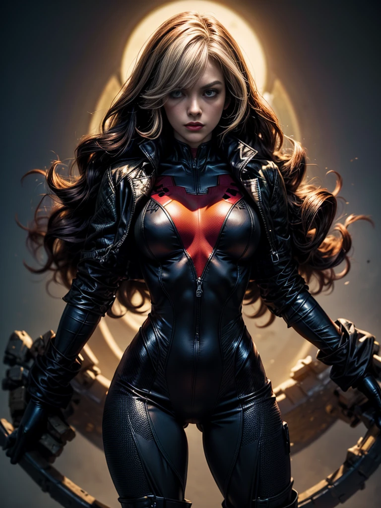 Yvonne Strahovski、masterpiece、High quality 4K、villain (X-Men)、Gothic Girl、Sculpted Body Gothic Makeup、Black jacket、Red and blue bodysuit、masterpiece、Highest quality、Cowboy Shots、One personの女の子、One person、Technology Military Bodysuit、fringe