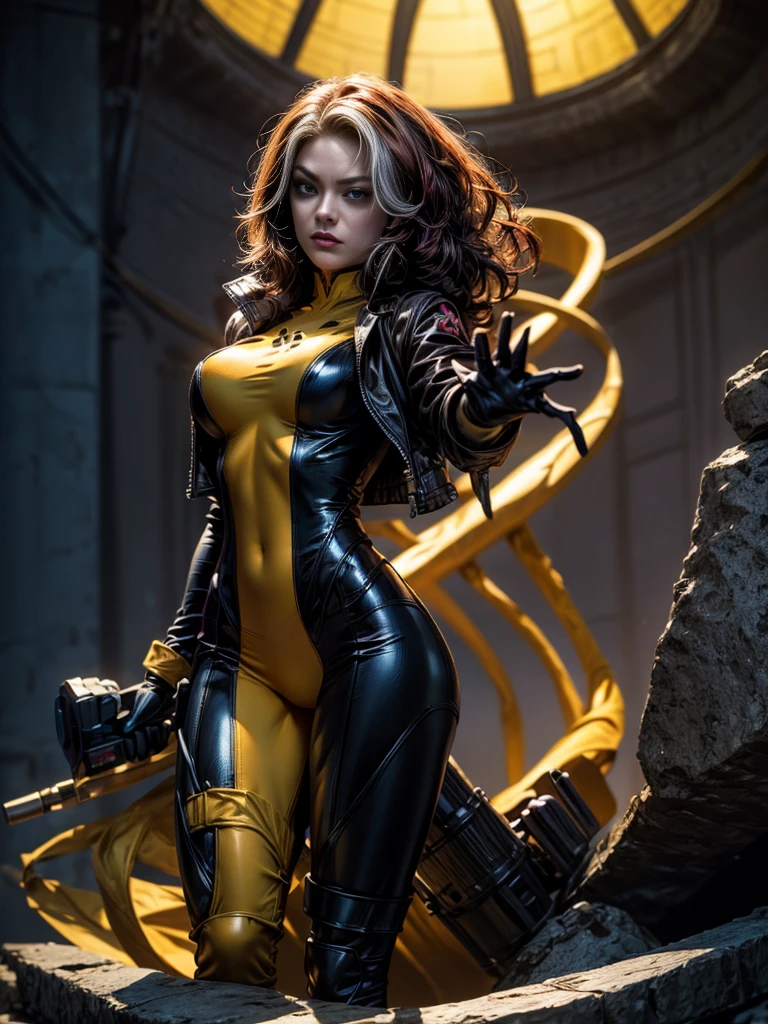 The image shows Black Widow. She is wearing a sleek skin-tight shiny black latex bodysuit with a deep-cut zipper neckline revealing a large chest, the silver zipper running down the front. The suit is complemented by her golden wrist guard on both wrists and a belt made of golden circles around her waist.. The woman holds a gun with a black handle. Her overall demeanor conveys confidence and poise.