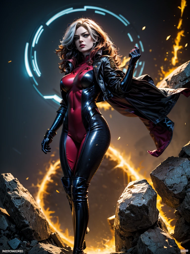 Karen Gillan、masterpiece、High quality 4K、villain (X-Men)、Gothic Girl、Sculpted Body Gothic Makeup、Black jacket、Red and blue bodysuit、masterpiece、Highest quality、Cowboy Shots、One personの女の子、One person、Technology Military Bodysuit、fringe
