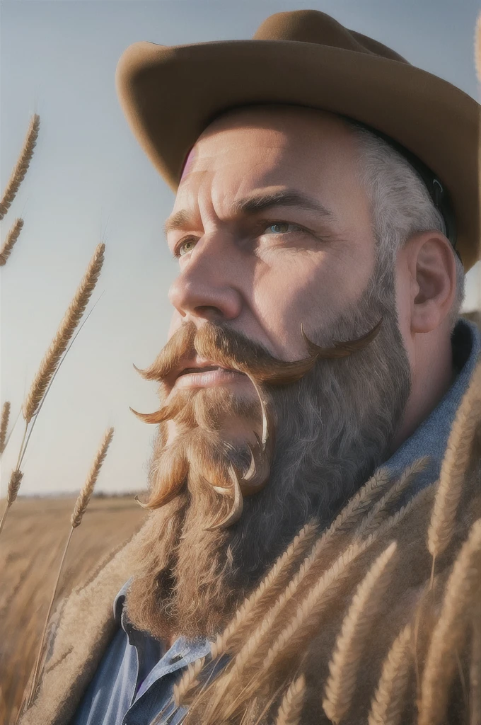 (reelmech: 1.5), CEO portrait photo of a 45 year old man with a big beard, wearing a cowboy hat, cyborg body, in a wheat field (Artwork: 1.2) (photorealistic: 1.2) (bokeh) ( best quality) (detailed skin) (complex) (8K) (hdr) (cinematic lighting) (sharp focus) (clutter: 1.2)