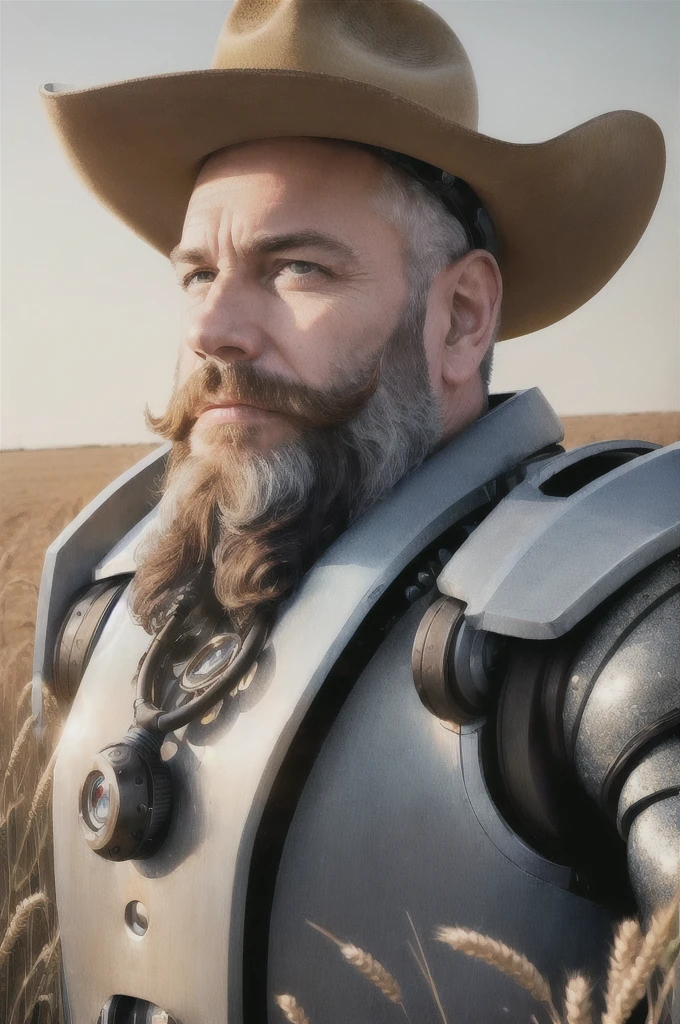 (reelmech: 1.5), CEO portrait photo of a 45 year old man with a big beard, wearing a cowboy hat, cyborg body, in a wheat field (Artwork: 1.2) (photorealistic: 1.2) (bokeh) ( best quality) (detailed skin) (complex) (8K) (hdr) (cinematic lighting) (sharp focus) (clutter: 1.2)