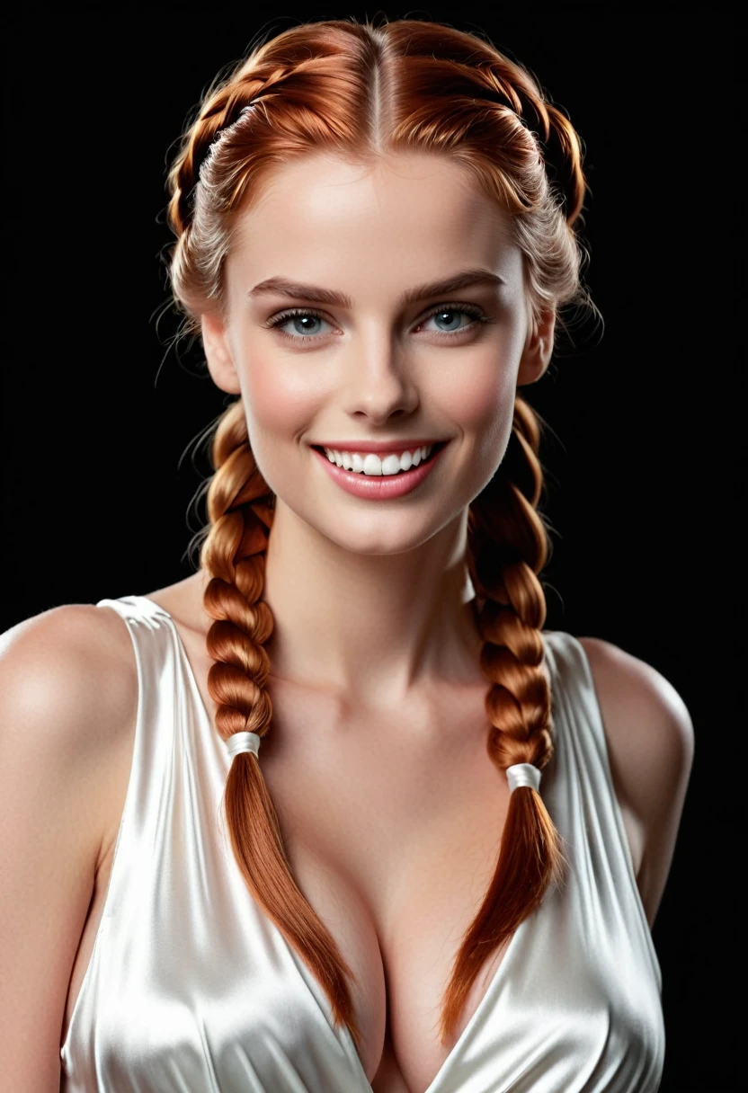 modeling (waist-up_photo_from_the_front:1.3) in a suggestive_erotic_pose, (vivid_ginger_hair in wide_twin_braids:1.3) , (huge_perky_wet_breasts:1.3) in an (dry_intricate_elegant_tight_white_satin_plunge_dress:1.2), (very_pale_realistic_glossy_skin_with_imperfections:1.1), slender_cute_youthful_supermodel_Grace_Kelly_face looking intensely at viewer, photorealistic, dark studio with a (black_background),professional photograph,(18 yo girl), broad_smile with (flawless_white_teeth:1.4),(wet skin and dry hair and dry clothes1.2),(reflections on her shiny_glossy_huge_wet_cleavage:1.3), wet skin dry clothes, wet skin dry clothes