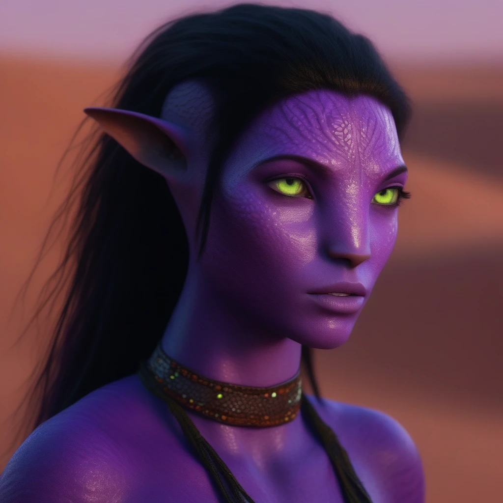 (face portrait), na'vi, 1girl, female, (green eyes), ((big detailed alien eyes)), ((eyebrowless)), ((pointy ears)), (purple skin tone), (straight hair), black hair color, ((short hair)), (young adult), 18 years old, face wrinkles, ((wearing arab desert clothing)), (wearing tribal acessories), detailed eyes, ((lizard scales all over skin)), toned body, muscled body, vibrant colors, ethereal atmosphere, surrealistic dreamy lighting, textured skin, otherworldly beauty, mesmerizing photography, (best quality, highres), vivid colors, ultrarealistic, skin details, sfw, face close-up, ultradetailed body, (purple skin), dark background, desert background