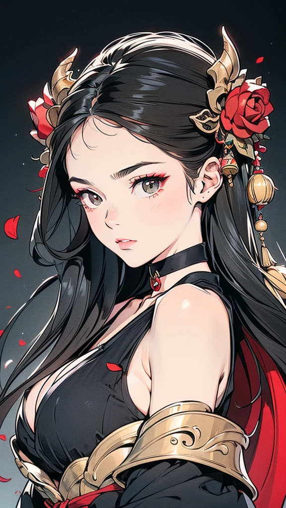 Seven Rhaeyar (Deylta), Ancient Star goddess, Perfect female anatomy (Royalty, Adult Female, 166cm in height, Cool pale skin, slim, slender, 34D breast size, Long Jet Black Hair, Gray Colored Iris , a set of Jet black colored horns on her head), Neutral facial expression, Elegant black uniform dress, female choker accessory with silver complimentary jewelry, dragon motifs, Black rope accessories, Simple Black Background, receiving light from the front, the focal point is her face, Ethereal glow, Red Rose petals falling, Japanese inspired, bring her very close up, face image, detailed features, high quality resolution, shoulder up portrait