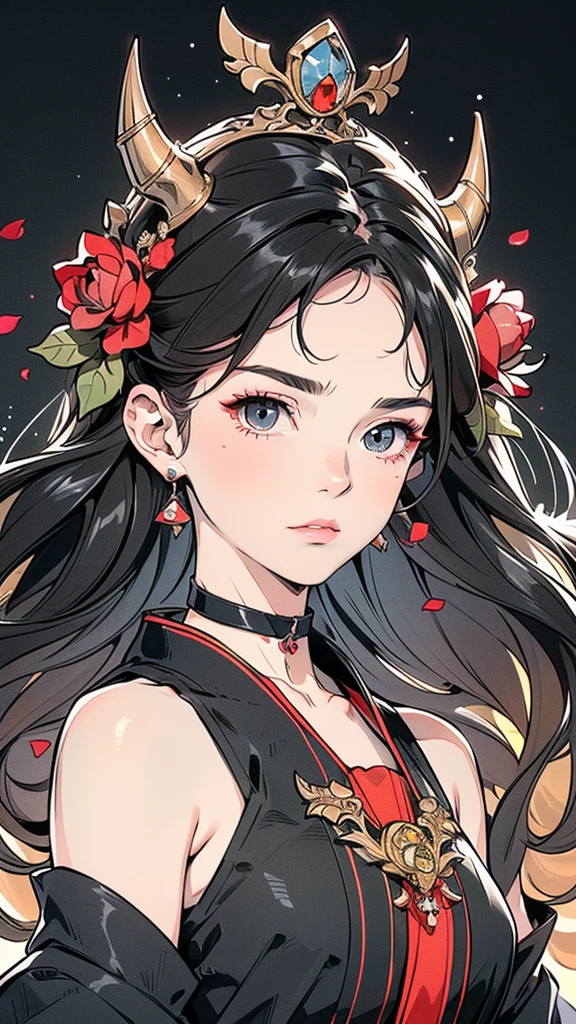 Seven Rhaeyar (Deylta), Ancient Star goddess, Perfect female anatomy (Royalty, Adult Female, 166cm in height, Cool pale skin, slim, slender, 34D breast size, Long Jet Black Hair, Gray Colored Iris , a set of Jet black colored horns on her head), Neutral facial expression, Elegant black uniform dress, female choker accessory with silver complimentary jewelry, dragon motifs, Black rope accessories, Simple Black Background, receiving light from the front, the focal point is her face, Ethereal glow, Red Rose petals falling, Japanese inspired, bring her very close up, face image, detailed features, high quality resolution, shoulder up portrait