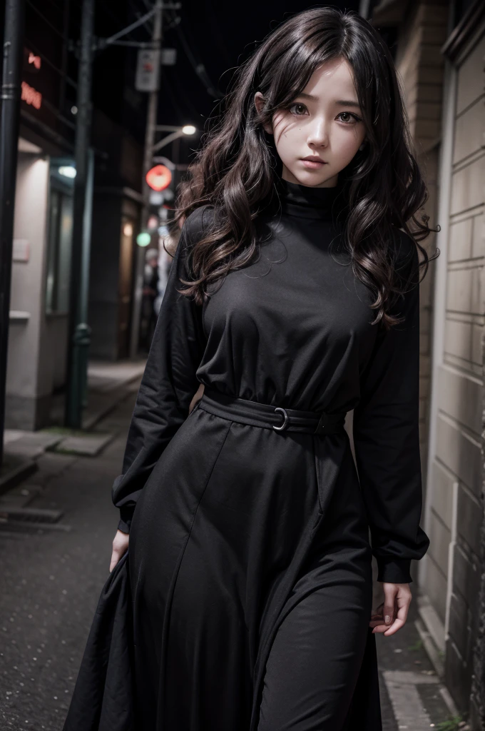 anime sarada curly hair dress V cuts walking in.ima dark street gloomy scared style photo realism, Fully detailed drawing in black and black and only the red eyes