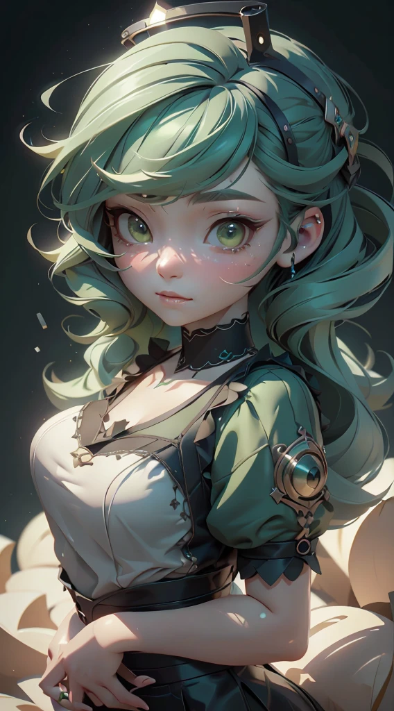 a young cute girl with green hair wearing a chibi style t-shirt, surrounded by luxurious fabrics, looking directly at the audience, against a striped background,(best quality,4k,8k,highres,masterpiece:1.2),ultra-detailed,(realistic,photorealistic,photo-realistic:1.37),1girl,beautiful detailed eyes,beautiful detailed lips,extremely detailed eyes and face,longeyelashes,plastic,jitter,conceptart