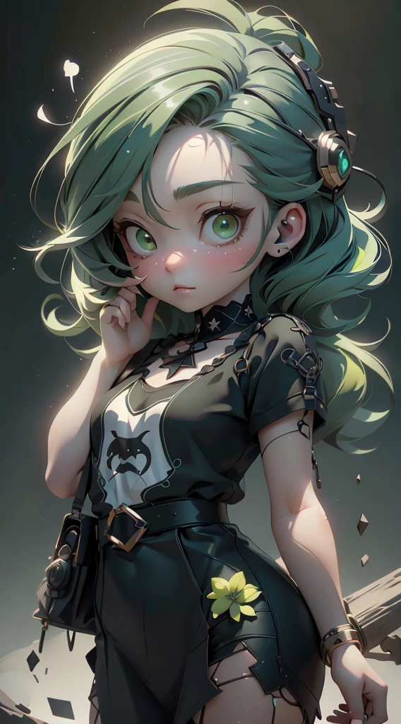 a young cute girl with green hair wearing a chibi style t-shirt, surrounded by luxurious fabrics, looking directly at the audience, against a striped background,(best quality,4k,8k,highres,masterpiece:1.2),ultra-detailed,(realistic,photorealistic,photo-realistic:1.37),1girl,beautiful detailed eyes,beautiful detailed lips,extremely detailed eyes and face,longeyelashes,plastic,jitter,conceptart