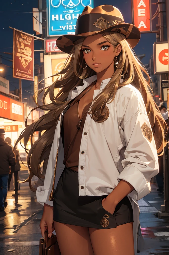 (best quality: 1.2), clean face, (masterpiece: 1.2, 8k)(PureErosFace_V1: 0.7), perfect anatomy, 1girl,a beautiful fashion model ,(masterpiece, official art, best quality) (hazel eyes) ,long and shiny hair, brown hair with blonde streaks in hair, long hair, full lips, upturned nose ((((tan skin, bronze skin, 1.3)))), big , lifstrangerachel looking at viewer, revealing outfit, police hat, absurdity, intricate details, city, dimanic pose, night, neon signs, cinematic lighting, (highly detailed skin: 1.2)
