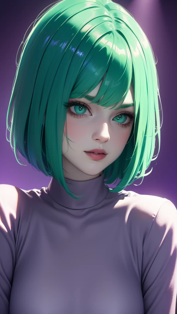 1girl,green eyes,purple short-hair,gigantic breast,, long sleeve shirt,extremely detailed eyes and face,longeyelashes,beautiful detailed lips,masterpiece,ultra-detailed,realistic,HDR,UHD,studio lighting,vivid colors,high quality,best quality,4k,8k,highres,masterpiece:1.2,professional,blue background