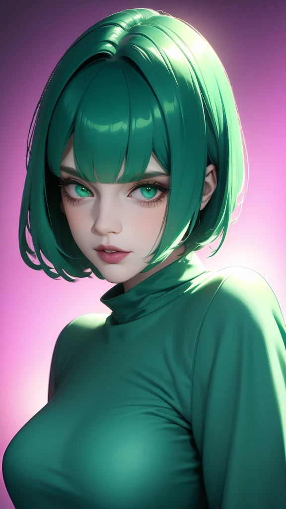 1girl,green eyes,purple short-hair,gigantic breast,, long sleeve shirt,extremely detailed eyes and face,longeyelashes,beautiful detailed lips,masterpiece,ultra-detailed,realistic,HDR,UHD,studio lighting,vivid colors,high quality,best quality,4k,8k,highres,masterpiece:1.2,professional,blue background