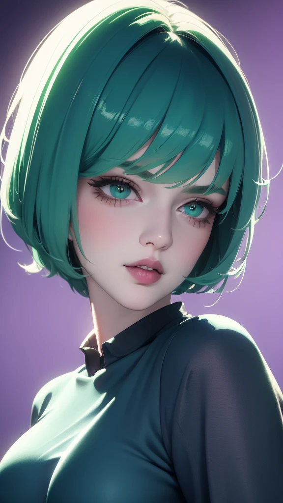 1girl,green eyes,purple short-hair,gigantic breast,, long sleeve shirt,extremely detailed eyes and face,longeyelashes,beautiful detailed lips,masterpiece,ultra-detailed,realistic,HDR,UHD,studio lighting,vivid colors,high quality,best quality,4k,8k,highres,masterpiece:1.2,professional,blue background