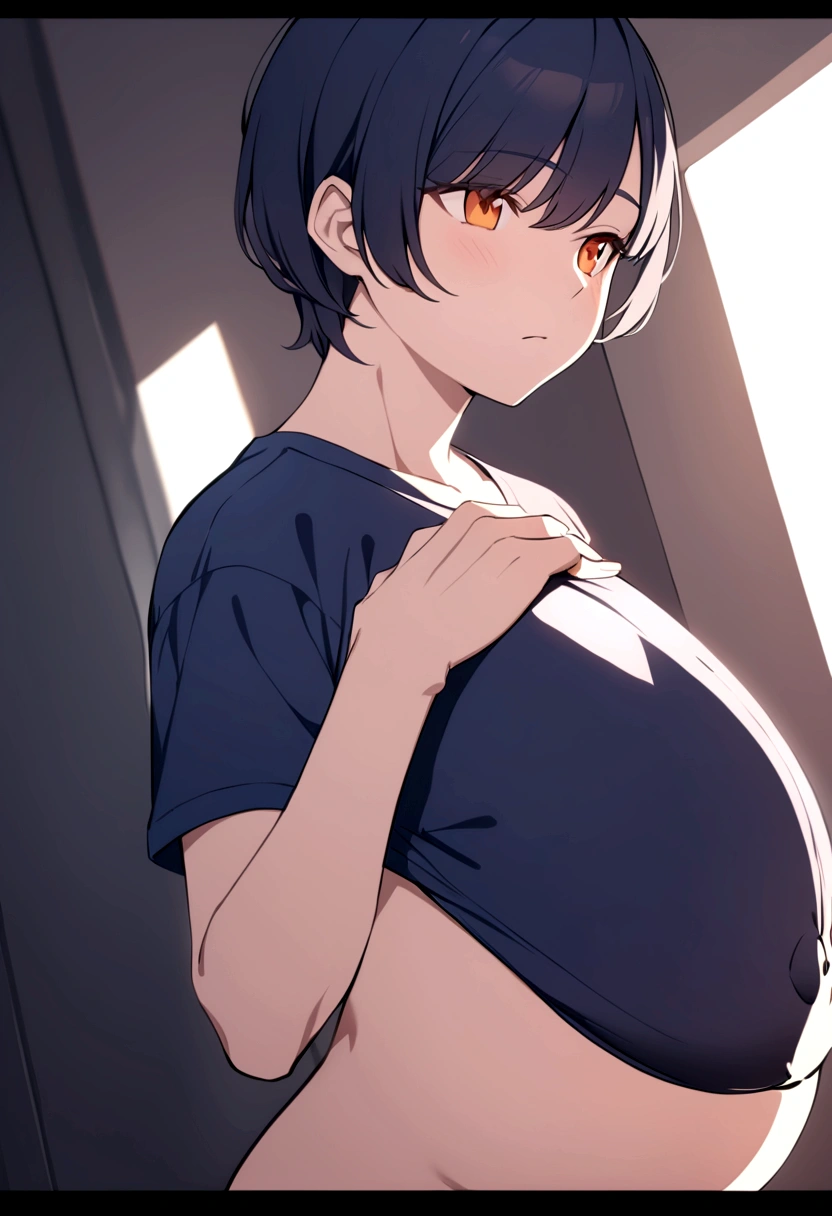 man. dark blue short hair. orange eyes. dark blue clothes. Pregnant