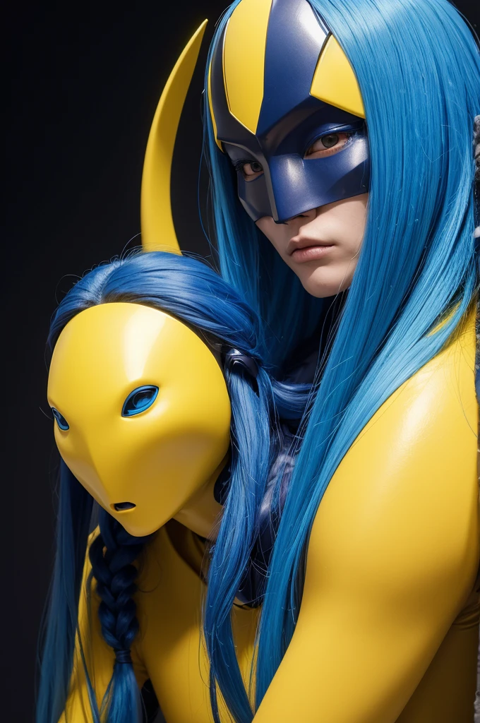 humanoid alien, grown-up, masculine, bonitas, with big, long blue hair, yellow skin color, noseless