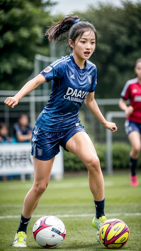 (Highest quality, High resolution:1.2, Super detailed, Realistic:1.37), Vibrant colors, Dynamic Lighting, Wet day, 2 girls, play soccer, Wet Hair, Concentration, Splash, Action Shots, Grass blotches, Muddy ground, Wet turf, Decide, Fast-paced games, Athletic physique, Shiny soccer ball, Wet Uniform, raindrop, Blurred motion, Focus on the ball, Intense competition, Skillful dribbling, Energetic play, Teamwork, powerful shoots, Wet pitch, Passionate sports, Fierce Decide, Humid atmosphere, Fluid movement, emotional expression, Difficult conditions, Dramatic lighting, Women's Sports, Avid athletes, Exciting Games, endure, Excited state, Speed and agility, Energetic play, 濡れたSplash