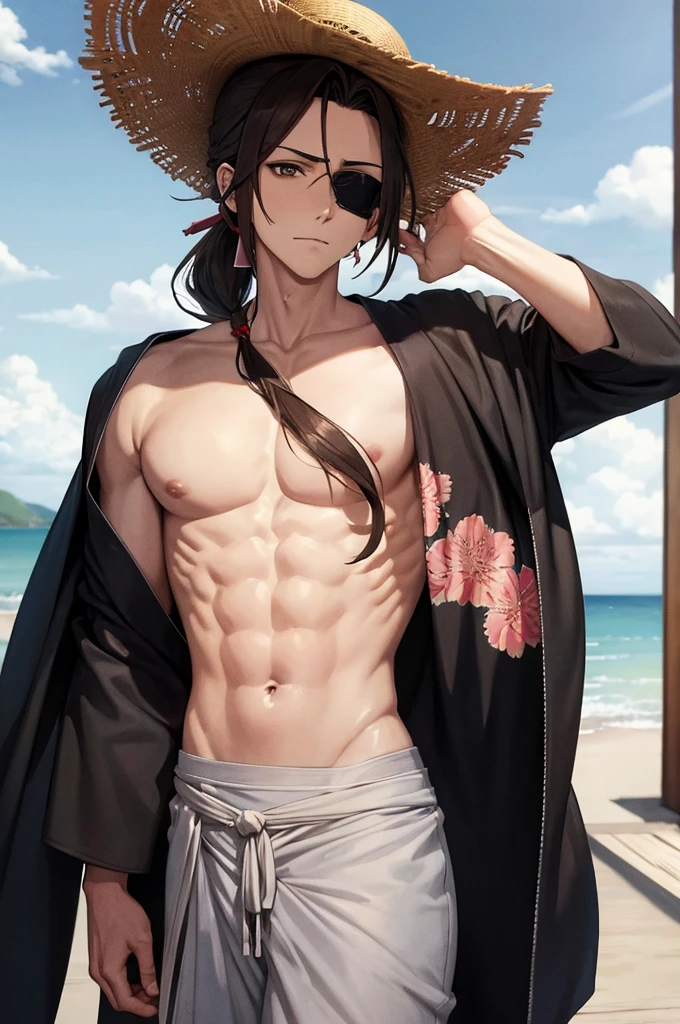 tall man with gray eyes and wavy brown hair, which he puts into a long ponytail, leaving one strand hanging down the left side of the face.[2] He has a hairy chest, arms and legs.[?] He wears a straw hat and pink, ladies&#39; flower embellished kimono, draped over the shoulders directly over the captain&#39;s haori.[2] Although his kimono and embellished belt are cheap, his hairpins with red flowers are very expensive.[3] He doesn&#39;t wear a tabi (socks) under sandals.[?] He has short stubble around his mouth and cheeks.[2] A hundred years before Aizen&#39;s betrayal, Shunsui had a short mustache above his upper lip.. Then he wore another lady&#39;s kimono, although very similar.[4][5]

After the battle with Wandenreich, Shunsui began wearing an eyepatch over his right eye., which was damaged during the battle. The top of his right ear was also cut off, and a scar appeared on his temple.[6]

Shunsui had shorter, unkempt hair as a .. He wore a patterned kimono