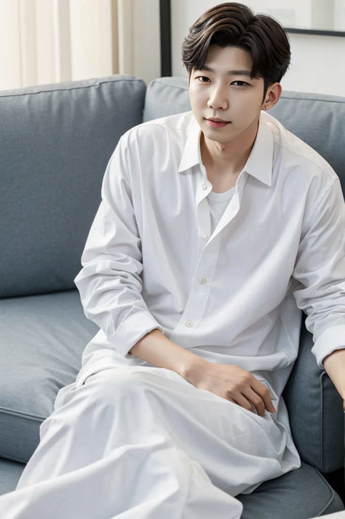 The captivating images show handsome Korean men, 32 years old、 He is barefoot and in his loungewear、Sitting on a chair in the living room, Attention to detail, This realistic portrait embodies the National Geographic style., Capture every nuance of skin texture with 8K resolution. His features stand out with pure clarity, From deep-set eyes to a chiseled jawline, Make this image a true masterpiece. life, Highest quality, 8K Ultra HD+, Leica digital SLR camera、Jeon Jungkook