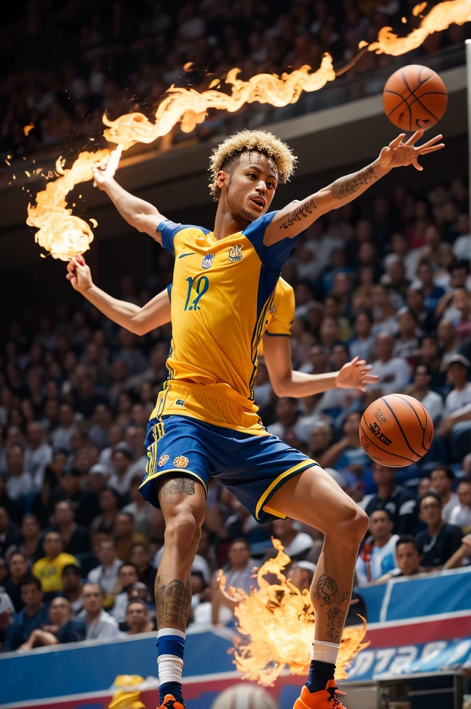 neymar playing basketball with monkeys with a ball on fire