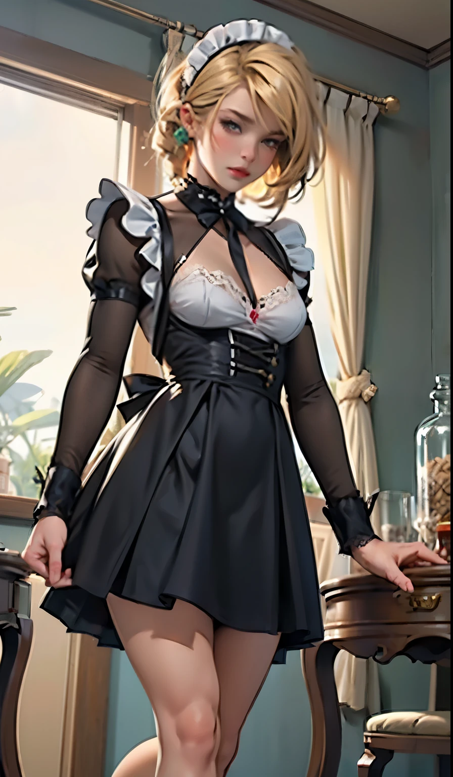 ((masterpiece, highest quality, Highest image quality, High resolution, photorealistic, Raw photo, 8K)), Ultra Wide Angle, blonde, maid dress, mini skirt, medium hair, onnanoko, cleavage, waist, naval, belly, loose appron