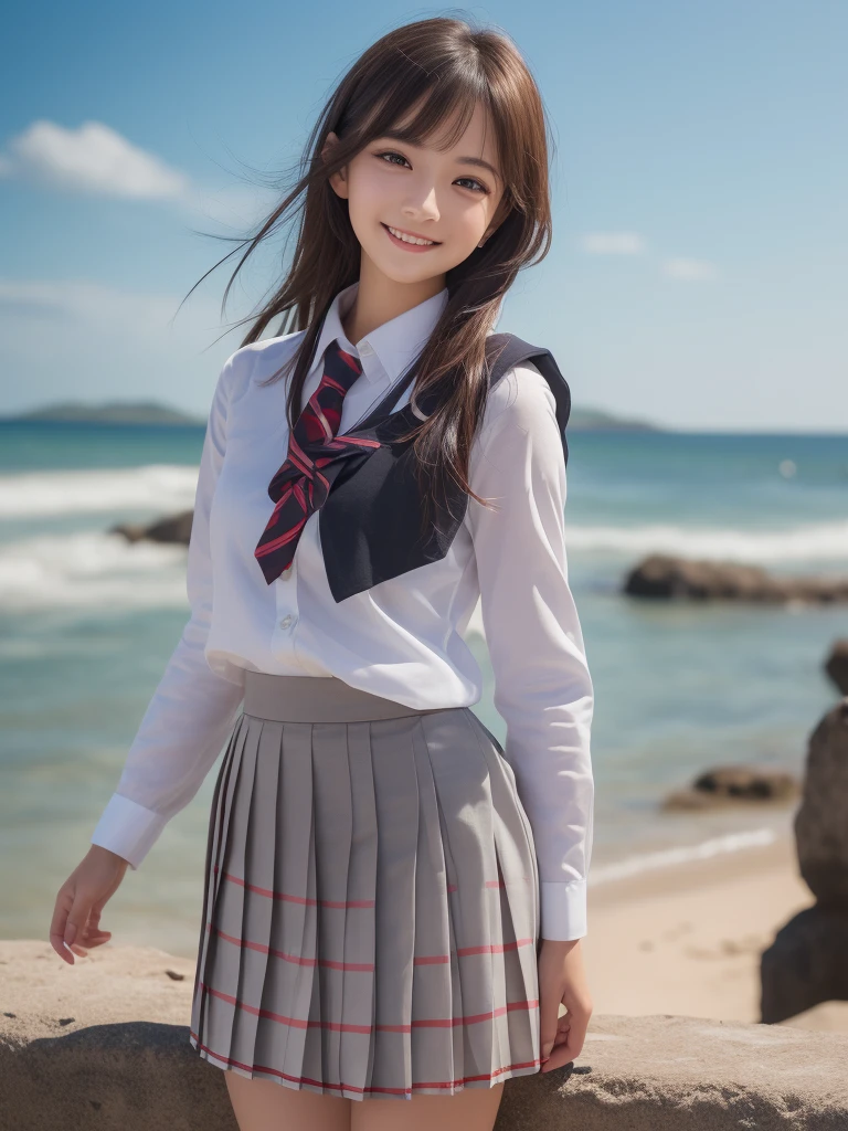 (1woman), (round eyes:1.2), (highly detailed face and eyes), (big smile), Amazing face and eyes, (school uniform, pleated mini skirt:1.3), (Best Quality:1.4), (Ultra-detailed), (extremely detailed CG unified 8k wallpaper), Highly detailed, High-definition raw color photos, Professional Photography, Realistic portrait, summer, (beach), depth of fields, (fine face:1.2),
