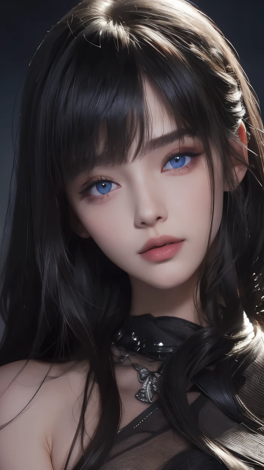 masterpiece, best quality, ultra-detailed, facing the camera head on, intricately detailed hyperdetailed, realistic, sharp features, highly detailed, sharp focus, perfect face, perfect face, perfect symmetrically perfect eyes, perfect full lips, flexible female form, cinematic, film light, hyper detailed, hyper realistic, masterpiece, atmospheric, high resolution, vibrant, dynamic studio lighting, nsfw, ((Dark background)), Sexy face, Facial expressions when receiving pleasure, straight Bangs, blue Eyes, black sweater,
