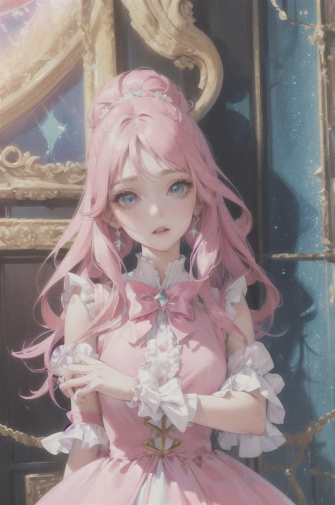 (highest resolution, distinct_image) Best quality, a female's masterpiece, highly detailed, semi realistic,(most of body), (best quality, masterpiece, ultra-realistic), portrait of 1 beautiful girl, a cartoon girl in a pink and yellow dress and a bow is dancing, magical girl anime mahou shojo, style of magical girl, portrait of magical girl, humanoid pink female squid girl, magical girl, my dress up darling anime, sparkling magical girl, official art, official character art, pink long frills, and cyan eyes, !!full body portrait!!,crystal blue eyes