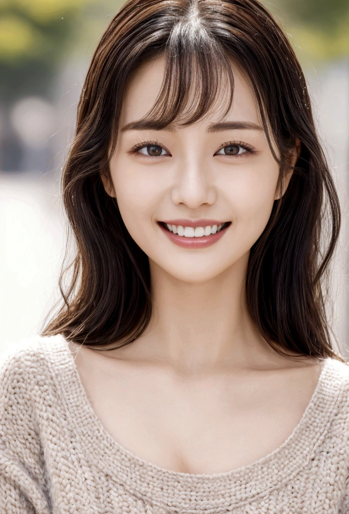 １people、Delicate skin quality、日本people、((Highest quality, 4K, Masterpiece: 1.3)), Beautiful style: 1.4, The tips of the hair are curled, Brown knitwear, Large Breasts, Wet body, Sweaty, Place your arms on your hips, smile, Highly detailed face and skin texture, Fine grain, double eyelid、The whole body is visible、White teeth、Large park