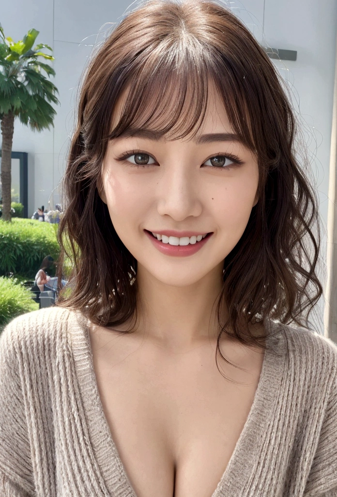 １people、Delicate skin quality、日本people、((Highest quality, 4K, Masterpiece: 1.3)), Beautiful style: 1.4, The tips of the hair are curled, Brown knitwear, Large Breasts, Wet body, Sweaty, Place your arms on your hips, smile, Highly detailed face and skin texture, Fine grain, double eyelid、The whole body is visible、White teeth、Large park