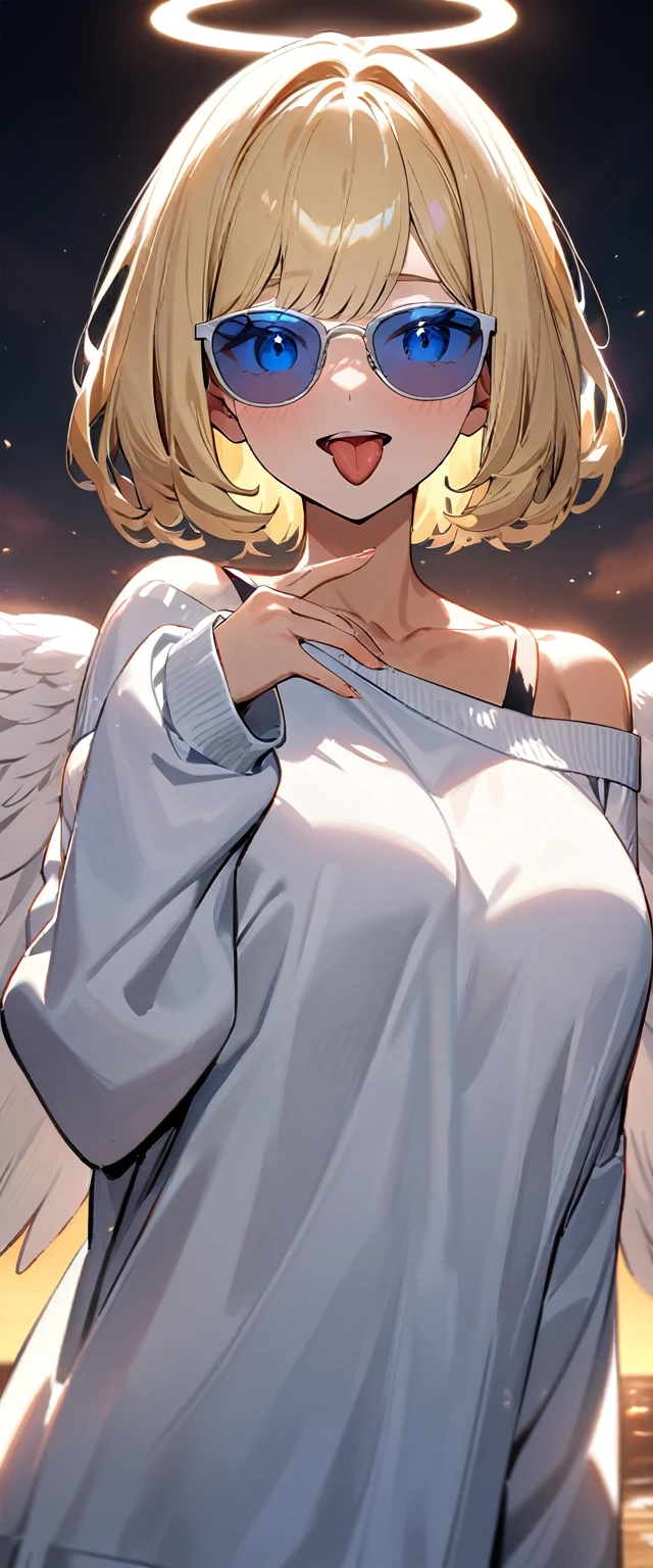 (((One girl))), ((tanned skin)), ((sunglasses, hand to sunglasses)), ((angel, big big white wings:1.2, halo:1.3)), open mouth, ((stick out tongue)), ((wavy hair)), evening, Sunset, sea, beach, ((blond hair, bob cut:1.3)), big breasts, ager, (looking at viewer), oversized clothes, puffy long sleeves, collarbone, ((off-shoulder sweater dress:1.3, Quite thick shoulder straps)), (((sleeves past wrists:1.3))), ((white sweater)), collarbone, head tilt:1.3, (((blue eye))), ((happy smile)), (((anime style))), (best quality, 4K, 8K, highres, masterpiece:1.2, ultra-detailed, ultra-detailed eyes, HDR, uhd, studio lighting, ultra-fine painting, sharp focus, physically-based rendering, extreme detail description, professional, vivid colors, bokeh), ((Highest quality, Best image quality, Ultra-high resolution, Ultra-high resolution, solo, Strong eye highlights)), Depth of written boundary, Natural soft light, attractive, Beautiful Face, Cleanliness, Pure Face, medium chest, Beautiful Face, Perfect Fingers, Perfect hands, Perfect body, Perfect Face, Shine a light into your eyes, Perfect Anatomy