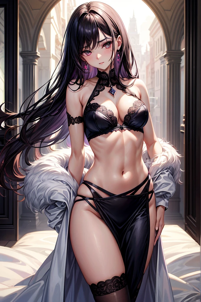 gorgeous, masterpiece, best quality, high-resolution, finely detailed, extremely detailed and beautiful, distinct-image, 1 girl, 16 year old ager, solo, sharp facial features, oval shaped face. cherry pink lips, lightly tanned white skin. velvet-colored eyes, C-cup breasts, tall height(175cm), slim yet chiseled body type, short shoulder length dark violet-black hair, small narrow waist, long and slender legs, curvy wide hips, elegant gothic courtyard setting, crisscross bralette top, stockings